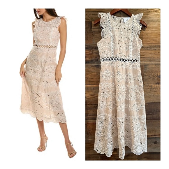 Sam Edelman Beige & Cream Cotton Eyelet Midi Dress NWT - Picture 1 of 1